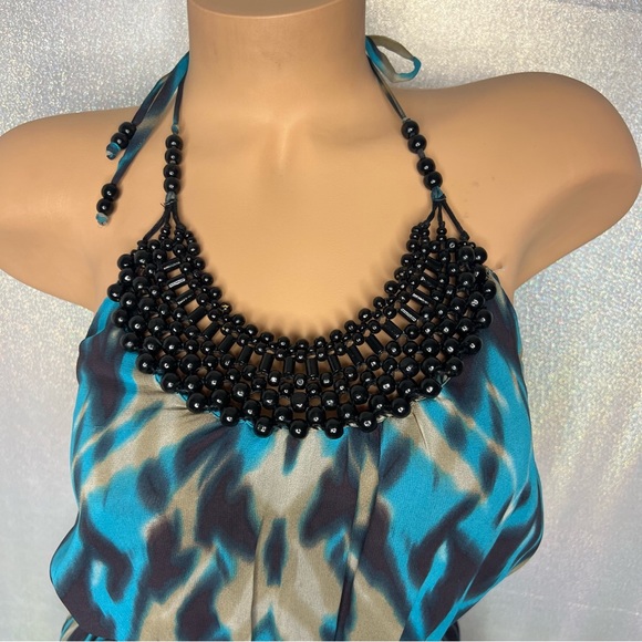 Bebe top blouse tank halter beaded neckline blue cream black belted y2k cute - Picture 6 of 11